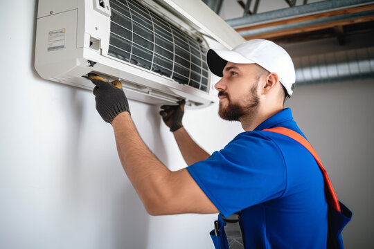 Air conditioning technician servicing a wall-mounted AC unit in Mesa, AZ