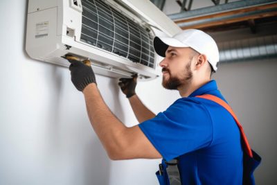 Air conditioning technician servicing a wall-mounted AC unit in Mesa, AZ