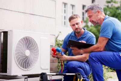 HVAC technicians reviewing an outdoor air conditioning unit in Mesa, AZ